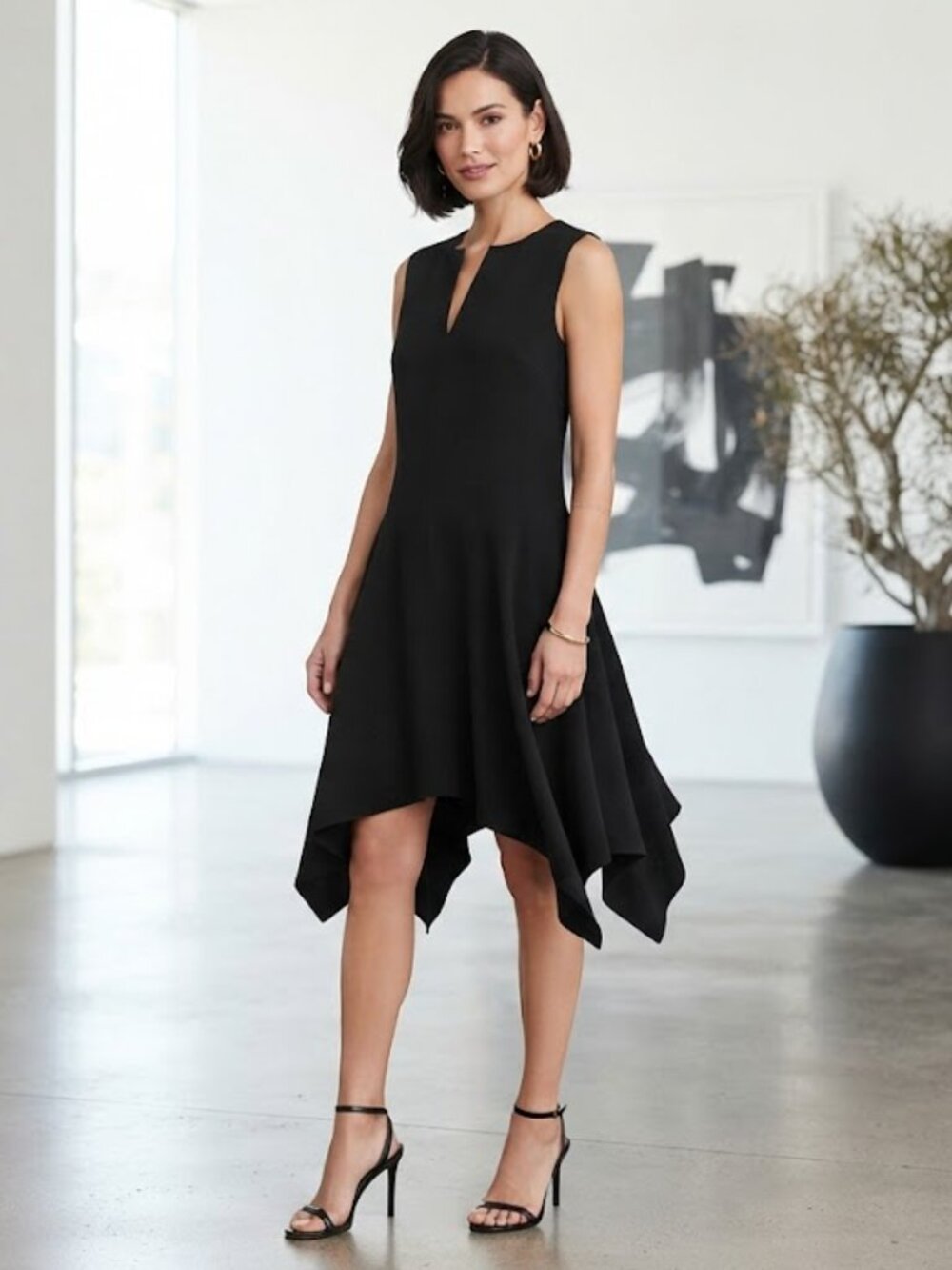 Theory‎ Black Sleeveless Split V-Neck Handkerchief Hem Mini Dress Crepe LBD